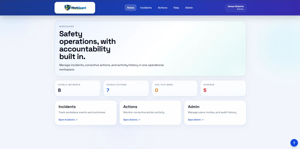 WorkGuard dashboard showing incident and action totals, overdue work and workspace shortcuts